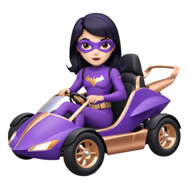 Hot full size real-appearance racing action BatGirl’s Lego feminine midnight-purple tight outfit sixty’s tv show 1992 stealthy retro sporty petite off-road pursuit hovering hover cruiser car rose gold accents (black hair,reclined and relaxed seating position) go kart  sticker