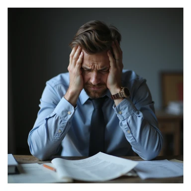 hyperrealistic 4K image of a man with a headache, hand on forehead, eyes closed in pain, sitting at a desk with scattered documents, atmosphere of worry sticker