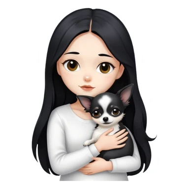 A girl with fair skin, long black hair, white clothes, gently, with both hands tightly, hugging a black Chihuahua sticker