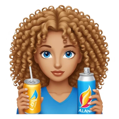 Curly haired, Blue eyed woman holding an alani energy drink can sticker