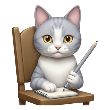 grau weiße Katze sitzt auf einem Sessel mit Stift und Block in der Hand sticker