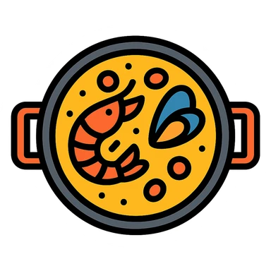 a Spanish paella pan with seafood and saffron rice, color outline icon style sticker