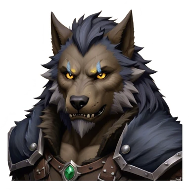 Cinematic Realistic WoW Worgen Portrait, depicted as a fearsome blend of man and beast, with rugged, dark fur intermingling with tanned, weathered skin. His piercing amber eyes and fierce expression are framed by disheveled hair and subtly detailed, worn leather attire in dark, consistent hues. Rendered with lifelike texture and dramatic, natural lighting, high shine, noble and formidable, capturing the primal nobility of a legendary worgen warrior. sticker