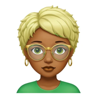 Caramel skin black woman 52 with green glasses that have gold edges and very blonde hair that’s very short but still puffy and small sticker