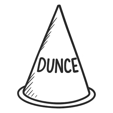 Add the word 'DUNCE' in bold, handwritten letters on the dunce hat, keeping the hand drawn black outline style with no background (transparent). sticker