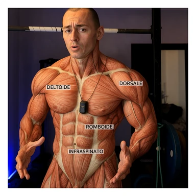 Highlight the muscle fibers of the man's body in the reference photo in a realistic anatomical style, maintaining the original pose and expression. Add labels in Italian for the shoulder and back muscles: deltoide, trapezio, dorsale, romboide, infraspinato. sticker