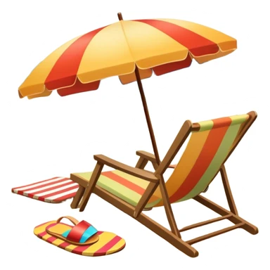 Icon for Beach Tourism: a sunny beach with the sea and waves, a lounge chair, a sun umbrella, and flip-flops on the sandy shore. The background should be a clear, vibrant ocean view with the sun shining brightly. Transparent background. sticker