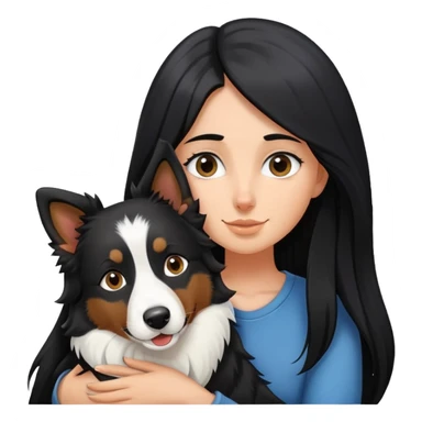 A white girl with long black  hair tightly hugged a Border Collie sticker