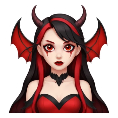 demon girl, skin red , black long hair, small horns, bat wing, black open-back dress, bold black outlines, red+black palette sticker