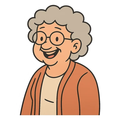Remove the background and keep only the senior woman with glasses in flat toon style with transparent background. sticker