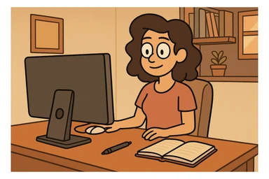 a setup with a computer, a mouse, a pen, and a notebook, cozy home office, warm lighting, inviting atmosphere sticker