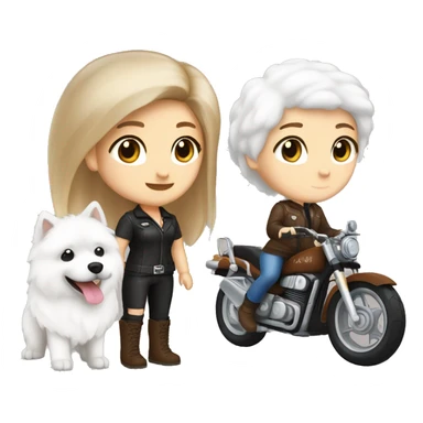 Biker girl white skin brown shorty hair and girl white skin brown long hair and a Samoyed sticker