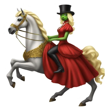 "galora green blonde alien woman" in red Victorian elegant dress, full body, rides "horse gold and white"
 sticker