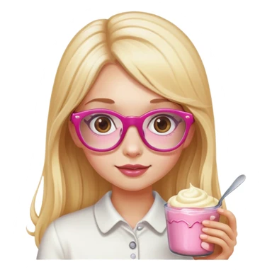 a girl with long lashes, long blonde hair, pink glasses, holding a pudding sticker