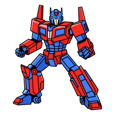 Optimus Prime in a battle pose, cartoon sticker style, bright blue and red, dynamic action sticker