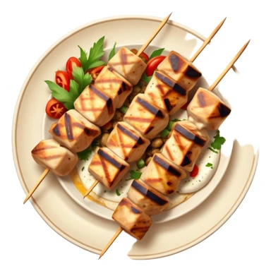 cinematic-realistic-souvlaki-dish-emoji,-showcasing-skewered,-2 grilled-chicken-with-mediterranean-spices-rendered-with-dynamic-textures-and-warm,-appetizing-lighting on pita bread on a plate sticker
