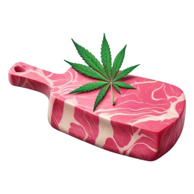 Pink marbled wagyu beef steak with cannabis leaf garnish sticker