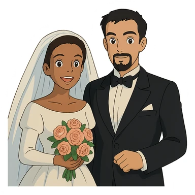 ghibli style light-skinned African American bride and light-skinned groom with black goatee in a tuxedo sticker