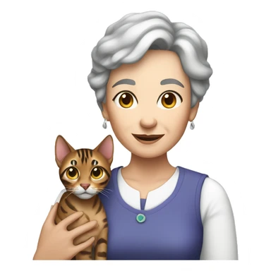 Older woman with short brown hair holds blue eyed bengal sticker