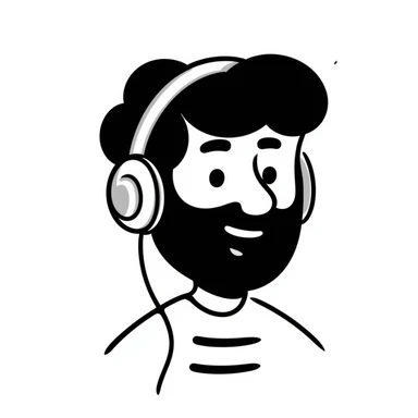A person with black hair, brown eyes, black beard wearing gaming headphones, saying "Bonjour!" sticker