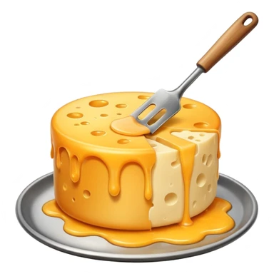 a half vertical  wheel of cheese being scraped with a metal spatula, melted cheese flowing, warm golden colors, modern emoji style, clean outlines, transparent background sticker