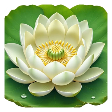 Pure white lotus flower with botanically accurate yellow seedpod center with distinct holes pattern, surrounded by pristine white petals and floating on a green notched lotus leaf sticker