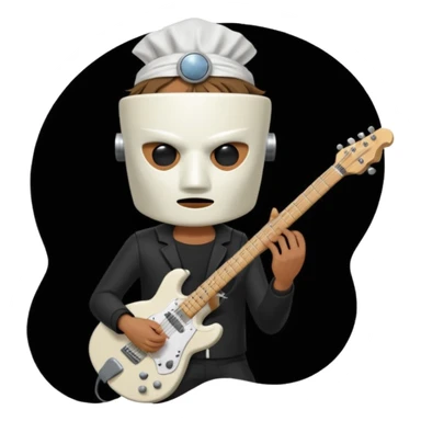 A quirky emoji-style character of a guitarist wearing a white bucket on his head, with two eye holes, a blank expression, and a small theatrical mask on the bucket. He’s holding an electric guitar, dressed in a simple black outfit, giving off a mysterious but playful rock legend vibe. sticker