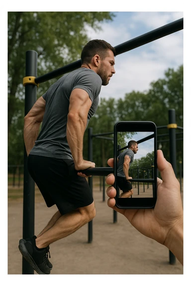 uomo che fa Muscle up e si sta filmando di lato con il telefonino che lo riprende mentre si allena, così da analizzarsi dopo sticker