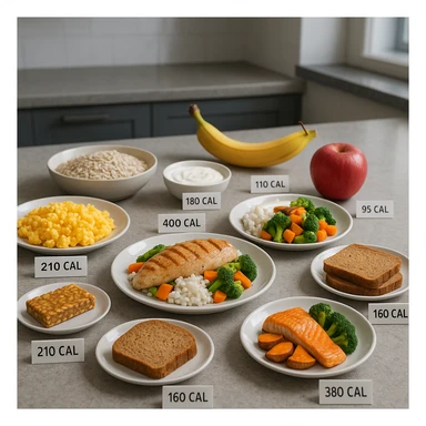 Hyperrealistic 4K table with separate plates representing a 2000 calorie diet for a muscular man: scrambled eggs, oatmeal flakes, banana, Greek yogurt with almonds, chicken breast with rice and vegetables, apple, whole wheat bread, protein bar, salmon with sweet potatoes, broccoli, and kiwi. Each plate has a small label with calories. Modern kitchen atmosphere, realistic portions. sticker