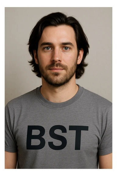 male avatar, 30 years old, Caucasian with white skin, dark slightly long hair, blue eyes, shown from chest up, wearing a shirt with 'BST' written on it sticker