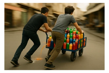 endi shu aravani bir balonchasi singan ko'rinishda va aka uka uning yonida turganini tasvirla yuzlari ko'rinmasin sticker