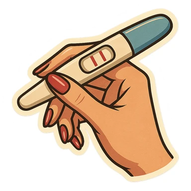 Positive pregnancy test with two lines, held in a neat feminine hand with manicure, pen style as in the second previous variant, retro stickers style, test with a blue line and two red lines, soft rounded shapes, expressive contours, vintage color palette, light paper texture, shadows and highlights, transparent background. sticker