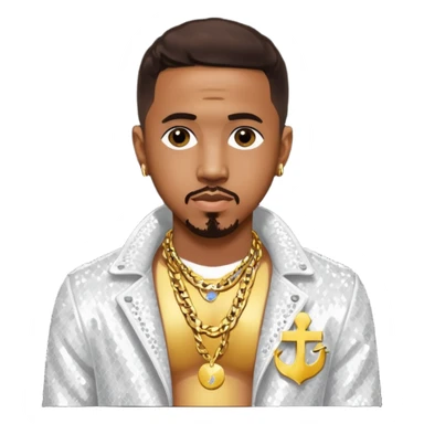 Marques Houston with dark brown hair, white sequin jacket, shirtless with necklace sticker