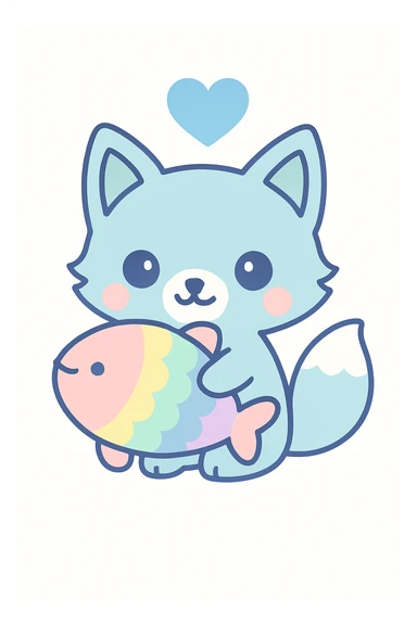 Change the heart above the blue fox and rainbow fish to a blue heart, keeping the kawaii cartoon style. sticker