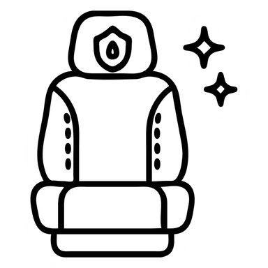 outlined icon of a luxury matte black car seat with a droplet or shield on the headrest, clean lines, elegant stitching, extra shine and sparkling effects, modern and simple sticker
