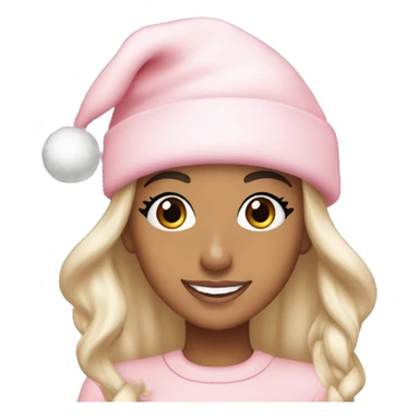 Ariana grande in a light pink christmas outfit wearing a light pink christmas hat sticker