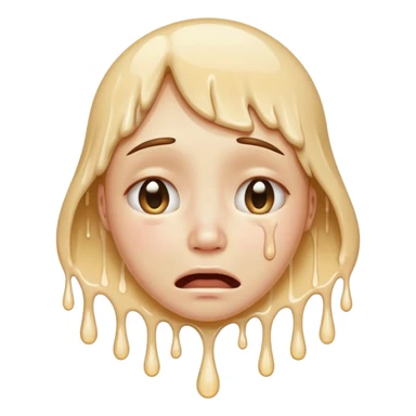 softly smiling crying face that appears to be melting downward, large glossy drip like emoji, combined with the smooth dissolving lower half similar to the melting face. ‘I’m okay :) but absolutely not okay’ sticker