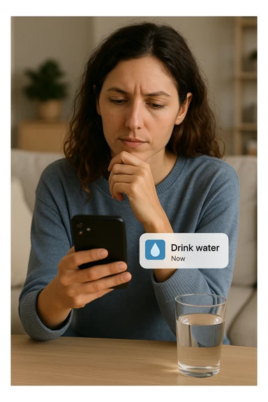 Donna che usa App per ricordarsi di bere, altrimenti non beve mai sticker