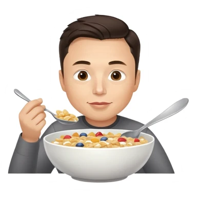 Elon Musk eating a bowl of cereal, man with short dark hair eating cereal from a bowl with a spoon sticker