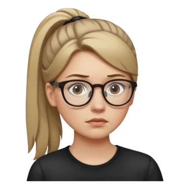 White girl with dark blonde hair in a ponytail and glasses sad sticker
