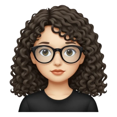 create a frontend girl that has a round face long curly hair with a side curtain bangs and wears black square rayban glasses doesnt smile with her teeth and white sticker