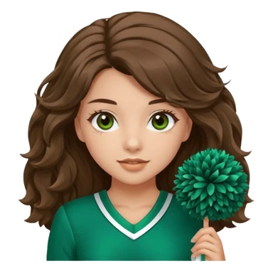 A pretty girl, her eyes is blue, her hair is brown long wavy hair, and wear green Hawkins cheerleader uniform and hold pompom sticker