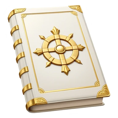 A white leather book with golden accents, smooth and polished, embossed with a symbol of six pillars columns,, radiating strength, confidence, and the power of self-worth.  sticker