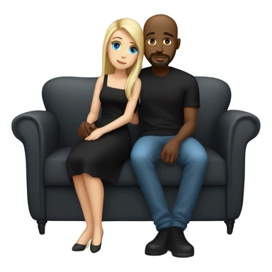 Blonde woman with blue eyes and long straight hair wearing a short black dress and a black man who is bald with a goatee seated together on a sofa enjoying a loving kiss.   sticker