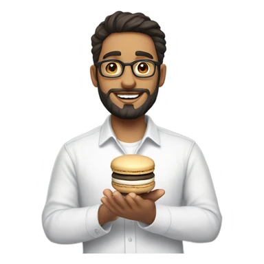 A light-skinned, nerdy man with dark hair and a beard holds a macaron in his hand and is wearing a basic white shirt. sticker