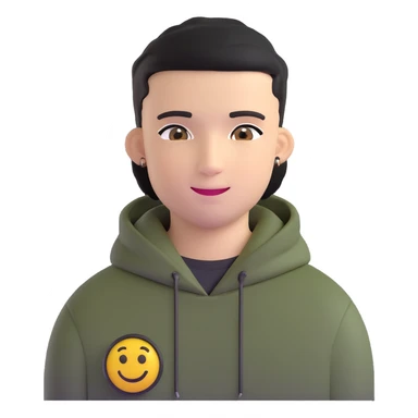 man with black military haircut, brown eyes, wearing 2 circle earrings and a black hoodie with a smiley face sticker