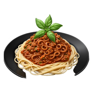 Spaghetti Bolognese on a black plate,nice basil on top sticker
