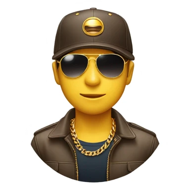 A circular emoji with a pair of aviator sunglasses COOL, a backwards baseball cap tilted slightly, and a gold chain around its neck. Make the overall expression slightly smug and confident. sticker