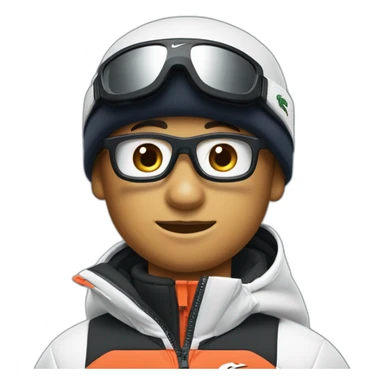 Un garçon blanc qui porte das lunettes de ski, il a les cheveux noirs, un survetement de lacoste et une casquette nike sticker