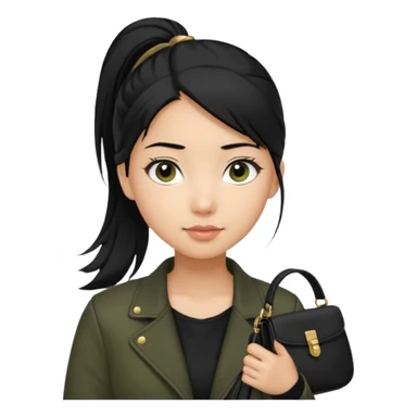 A girl with a pony tail black hair and olive skin, Asian eyes, with a black jacket and a black purse  sticker